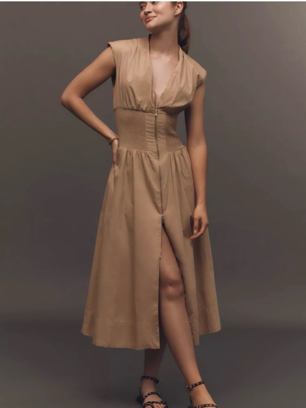 Anthropologie Tan Midi Dress with Smocked Waist and Front Zip